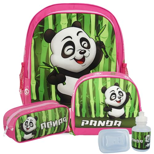 Kit Mochila Escolar Infantil Panda Rosa Tamanho Grande com Lancheira, Estojo e Squeeze, 5 Peças