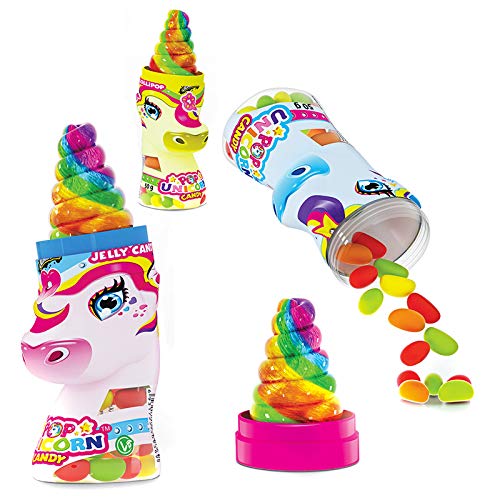 Joygum UNICORN POP CANDY lollipop & jelly candy 18 PZ, gustoso lecca-lecca arcobaleno con caramelle jelly beans alla frutta ; espositore 18 pezzi da 50gr