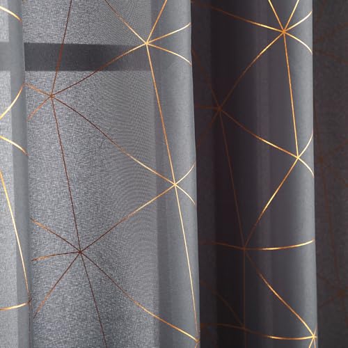 Taisier Home Gold Foil Print Linen Textured Geometric Curtains, Lightweight Bedroom Living Room Light Filtering Window Drapes with Printing Design, Soft Grey, W52 x L84 Inch, 2 Panels - image 2