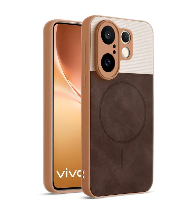 Image of Bintage CASE Mac Safe Design Hard Light Weight Back Case | Soft Border Camera Protect | Dual PU Leather Finish Back Cover Compatible for Vivo V60e 5G - White & Cherry Brown