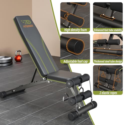Image of Fitgoods Adjustable Weight Bench for Home Gym, Foldable 700LBS Workout Bench with 9 Backrests, Multi-Purpose Bench Press for Incline Decline Flat with Fast Adjustment (2 resistance bands)