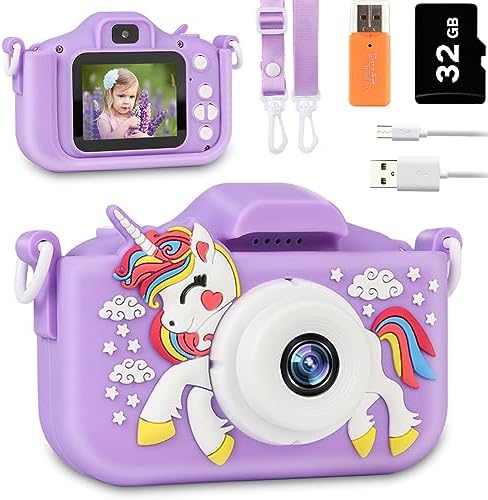 Kids Camera Toys for Girls Ages 3-12: Children HD Digital Video Camera with Protective Silicone Cover – Christmas Birthday Gifts for 3 4 5 6 7 8 9 Year Old Girls with 32GB SD Card