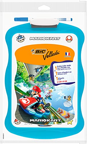 BIC Mario Kart Velleda - Lavagna a doppio lato, cancellabile a secco, 20 x 31 cm, con feltro cancellabile a secco e cancellabile, colore: blu, confezione da 1