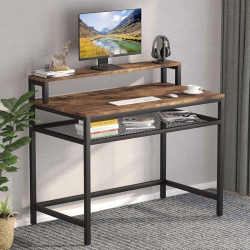 Image of Study Table | Computer Desk with Monitor Stand | Industrial Simple Study Writing Desk with Mesh Storage Shelf for Home Office | Rustic Brown | 120x55x90 cm