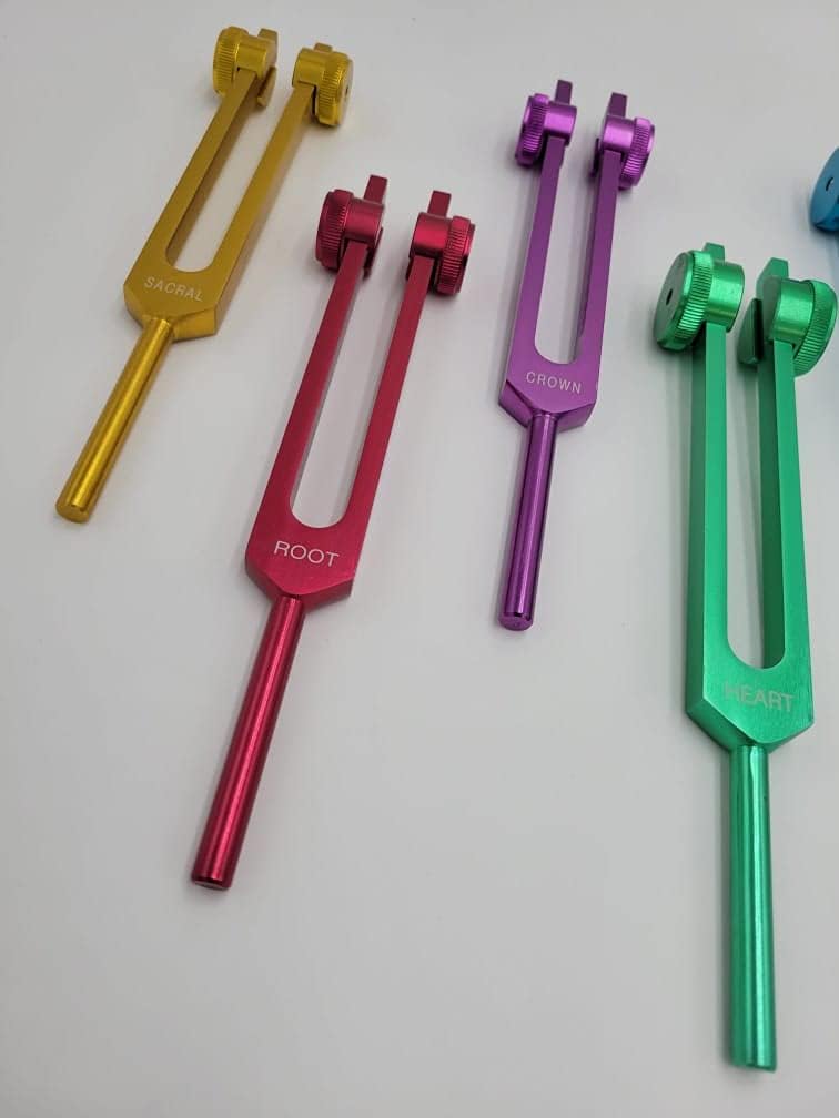 YANTRA, 8 Weighted Chakra Color Coded Therapeutic and Soul Healing Tuning Forks in Velvet Storage Pouch Mallet
