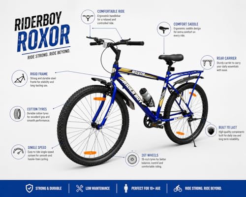 Image of RIDERBOY ROXOR 26T IBC Premium City Bike Cycle for Men & Boys with Inbuilt Carrier, Single Speed Bicycle with Rigid Frame, 18 Inch Frame, Cotton Tyre.(Blue)