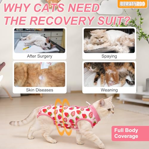 Image of BEAUTYZOO Cat Surgery Recovery Suit, Female Spay, Male Neuter, 2 Pack | Onesie for Cats After Surgery, Anti Licking Wounds, Cone of Shame Alternative, Surgical Recovery Anxiety Vest, Strawberry M