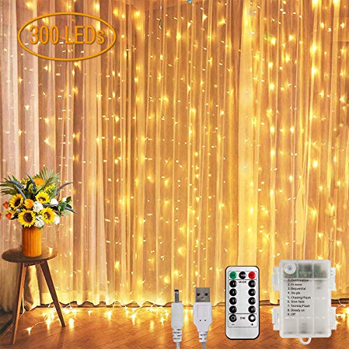 Koopower 9.8x9.8ft Curtain Lights 300 LED String Lights Battery or USB Plug in Indoor Outdoor Christmas Twinkle Lights for Christmas Bedroom Party Wedding Home Garden Wall Decorations (Warm White)