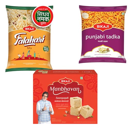 Bikaji Soan papdi manbhavan 500g & falhari mix 200g & punjabi tadka 200g | Indian Sweet & Savory Snack Combo | 900g (31.74oz) Gift Pack