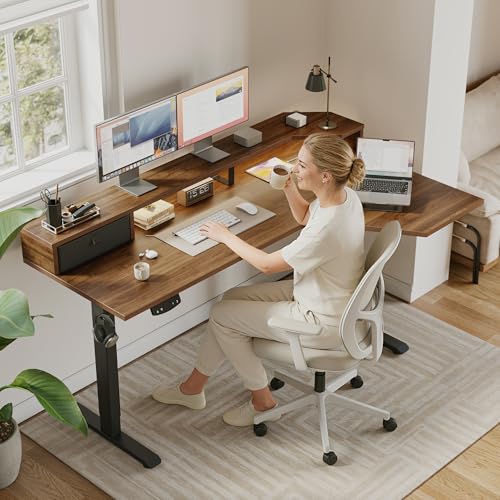 Image of Agilestic 63 Inch L Shaped Electric Standing Desk with Shelf, Height Adjustable Large Desk with Power Outlets & LED, Corner Sit Stand Up Table with Monitor Stand, Computer Workstation, Dark Walnut