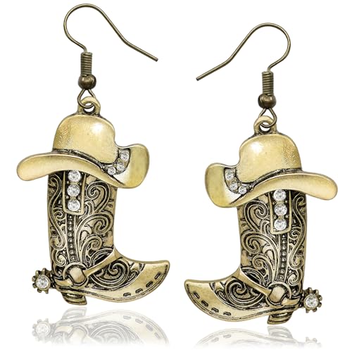 Western West - Pendientes de botas de vaquera de Texas Spur colgantes, aretes colgantes de rodeo, bohemio, disfraz de disfraz, Zinc, Sin piedra preciosa