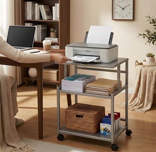 Image of Premium Metal Iron Sliver Printer Stand with Wheels - Heavy-Duty & Stylish Storage Solution for Files, and Essentials - Durable, Modern & Perfect for Homes & Offices. (Silver)
