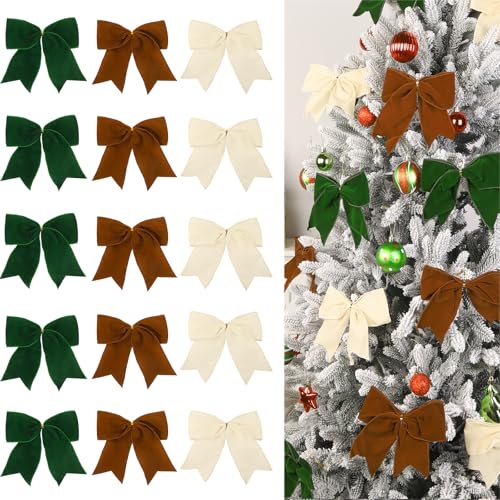 JOLCEEY 15pcs Velvet Bows for Christmas Tree, 6 Inch Xmas Tree Bows Vintage Velvet Ribbon Rustic Wreath Ornaments for Christmas Farmhouse Indoor Party Garland Decorations(Brown,Green,Milk White)