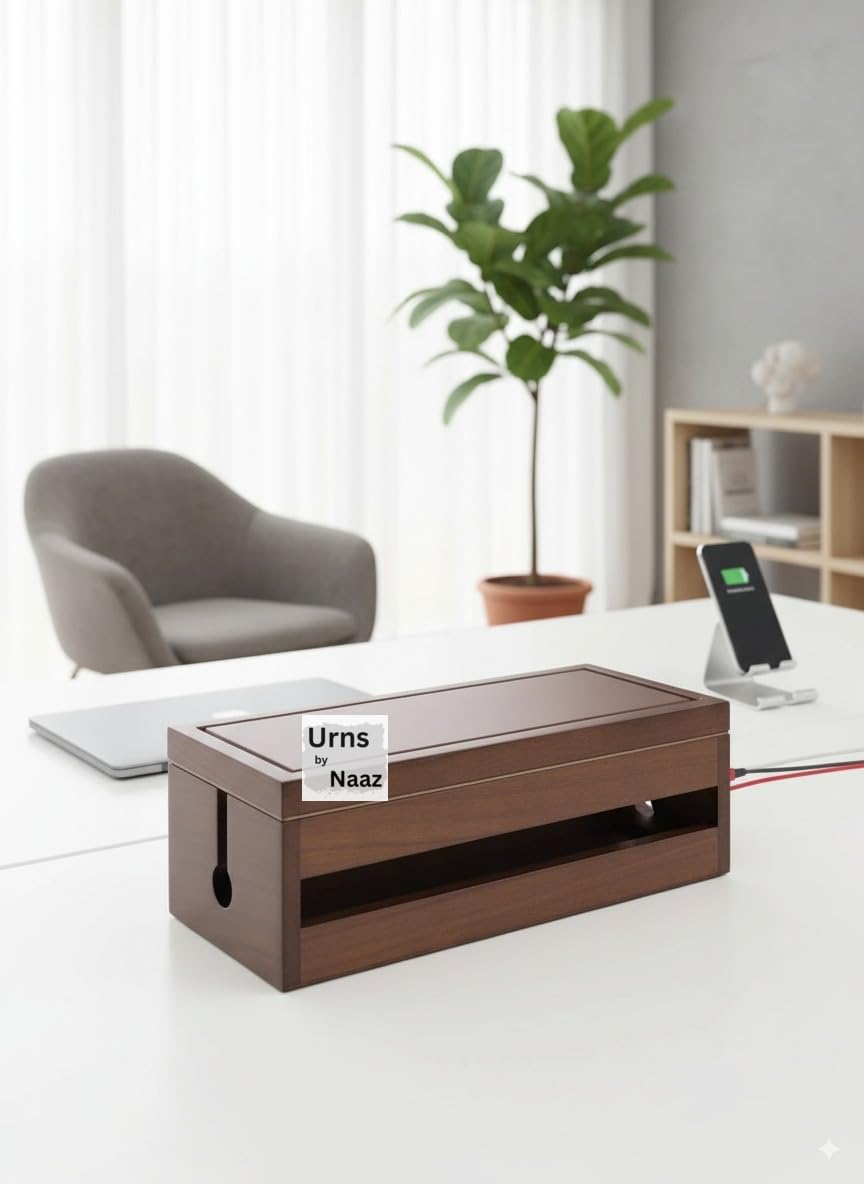 Wooden Cord Organizer Box – Cable Management Solution for Desk & TV Unit – Power Strip Holder, Charger Storage & Wire Concealer for Home Office (Brown)