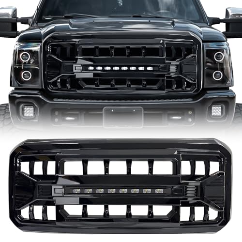 MEGAIE Front Grille Compatible with 2011-2016 F250 F350 F450 F550 Super Duty Glossy Black Bumper Grill w/Off-Road Lights