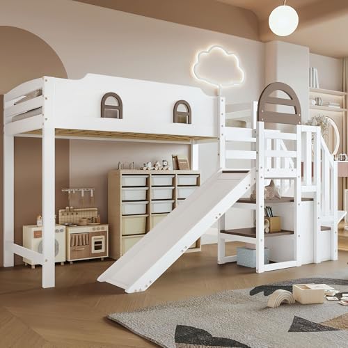 HYUB Cama alta 90 x 200 cm con tobogán y 2 taquillas, litera con escalera y espacio de almacenamiento, marco de cama con somier y protección anticaídas, color blanco
