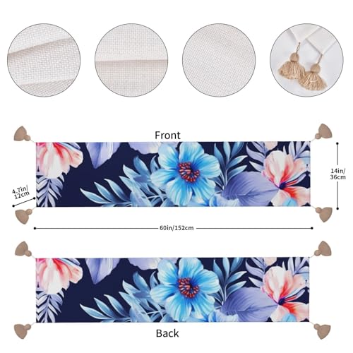 Chemin de table rustique bleu 35x152 cm avec pompons pour repas conviviaux - 5