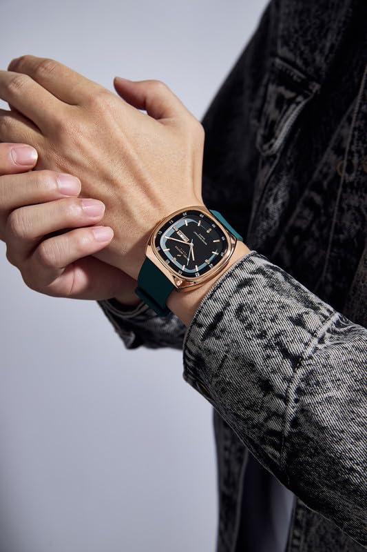 Image of Daniel Hechter Paris Bercy Collection Analog Quartz Watch for Men with Black & Green Square Dial, Day-Date Display, Crystal Hour Markers and Green Silicone Strap - DHM1053-03S