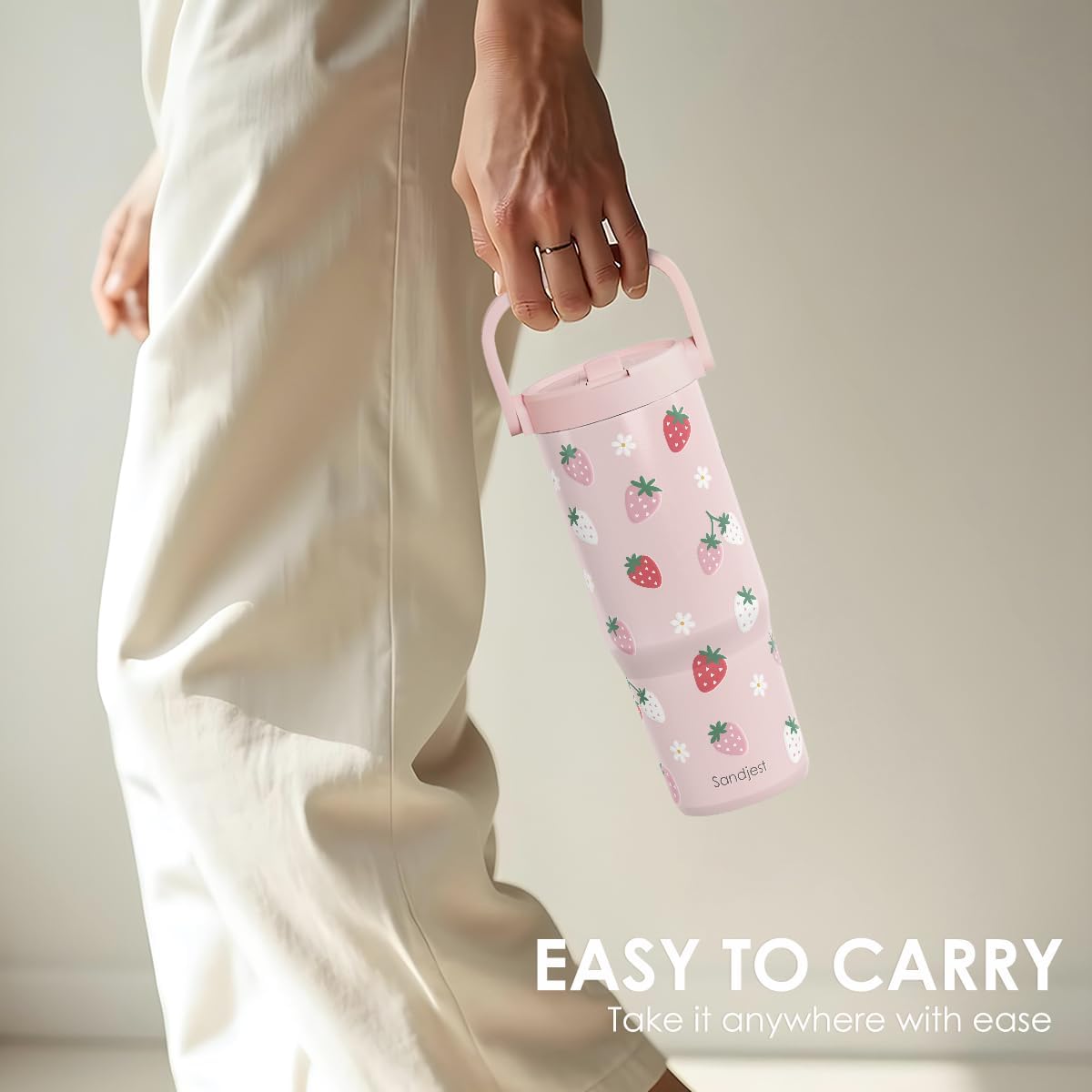 SANDJEST Strawberry Stainless Steel Straw Lid Tumbler 30oz with Carry Handle for Women Girls, Insulated Travel Coffee Cup, Gift for Sports Workout Christmas Birthday - Image 5