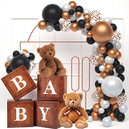 Wood Baby Shower Boxes For Birthday Party Decorations - 4 Wood Grain Brown Blocks With Printed Baby Letters, Gender Reveal Backdrop,Teddy Bear Baby Shower Supplies, First Birthday Centerpiece Decor #TOP1
