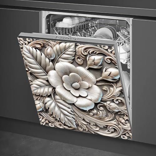 Image of HOMETITUTE Embossed Floral Magnetic Dishwasher Cover 23x26 Inch Decorative Appliance Panel Door Wrap for Kitchen Metal Surface Dishwasher Magnet Sticker Leaf Blossom Relief Design