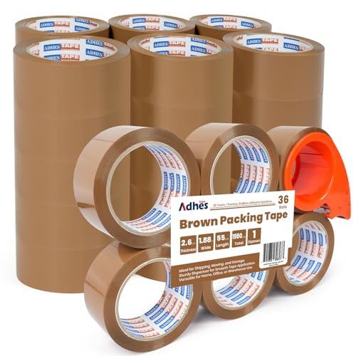 Image of ADHES Brown Packing Tape with Dispenser, 1.88 Inch x 55 Yards | 36 Rolls Heavy Duty Shipping Tape for Moving Boxes, Packaging and Storage, Strong Adhesive