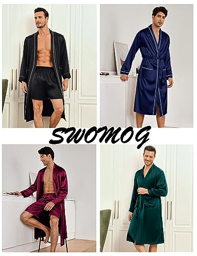 SWOMOG Mens Satin Robe with Shorts Set 2 PCS Kimono Bathrobe Long Sleeve Sleepwear Pjs Sets with Pockets4
