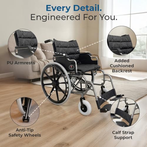 Image of Hero Ecomed - Winn 301 H Manual Wheelchair | Heavy-Duty Foldable Mobility Chair with Antimicrobial & Fire-retardant Upholstery | 150 kg Capacity | Self Use & Attendant Use Wheelchair