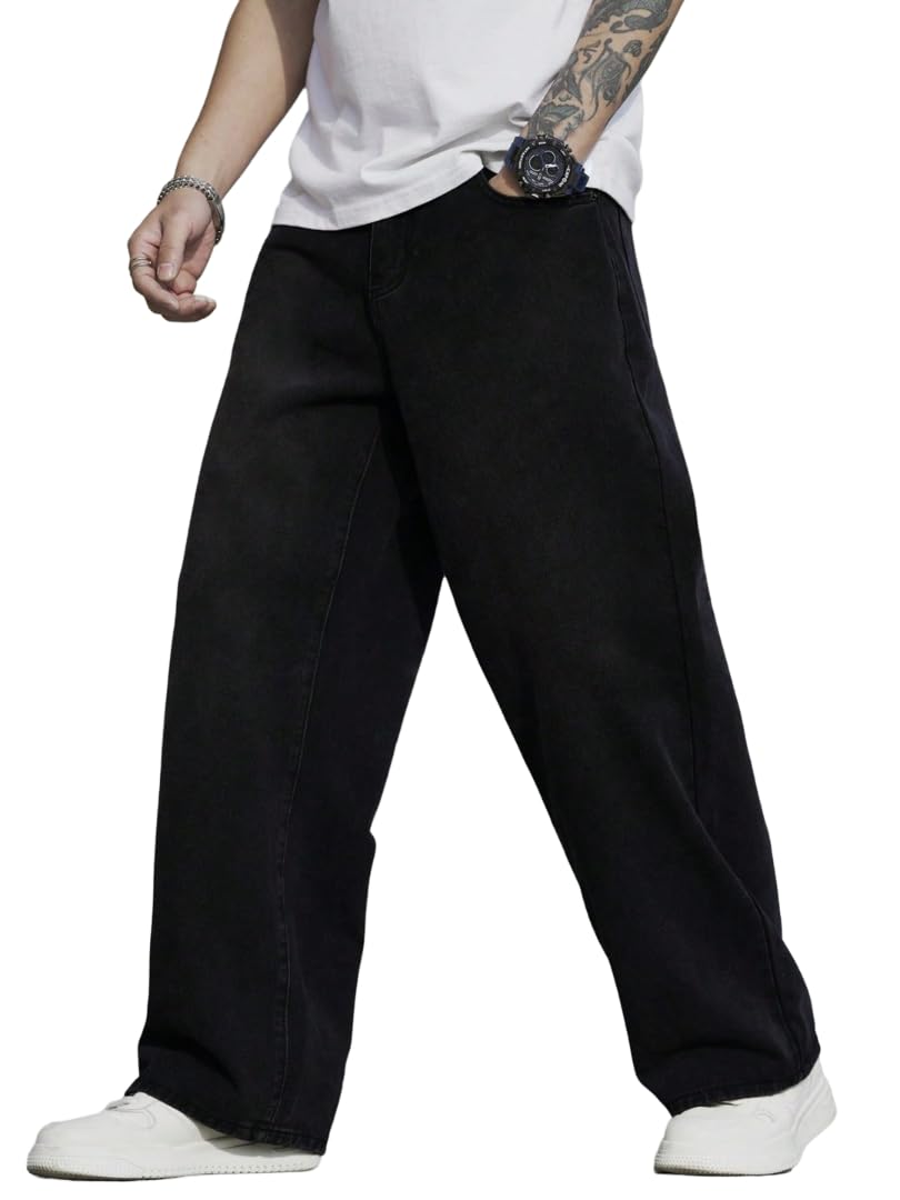 Men's Black Baggy Wide Leg Denim Jeans Mid Rise-picture-44