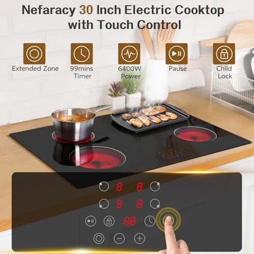 Image of 30 Inch Electric Cooktop Built-in 4 Burner, 6400W Electric Stove top | with Touch Control, Ceramic Cooktop, Pause, Safety Lock, Extended Zone & Timer, 220V Hard Wire, Nefaracy