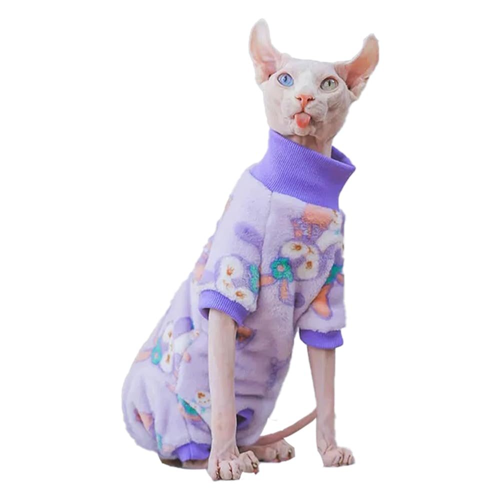 Sphynx Cat 4-Legged Warm Turtleneck Sweater, Thick Soft Double-Sided Fleece Clothes for Cats, Winter Onesie for Cats and Small Dogs,Pjs for Cats and Puppy (Purple (4-Legged), S (2-3.5lbs))