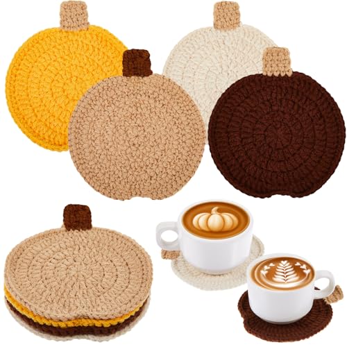 Hushee 4 Pcs Fall Crochet Coasters Thanksgiving Pumpkin Coaster 4.72 Handmade Woven Pumpkin Drink Cup Mats for Autumn Harvest Gifts Kitchen Table Party Decor (Ginger Yellow Dark Brown Khaki Beige)