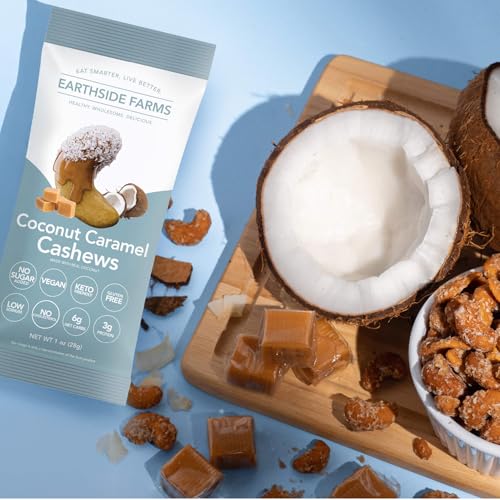 Image of Earthside Farms Coconut Caramel Cashews Snack Packs, No Sugar Added Keto Friendly Nuts, Vegan Gluten Free Non GMO Plant Protein Treat, 1oz Individual Bags 6 Count