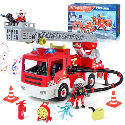 YOOHBERRYS Feuerwehrauto Groß, Feuerwehr Spielzeug mit Licht, Sound, Drehleiter, Feuerwehrauto Leiterfahrzeug mit 2 Feuerwehrleuten, Feuerwehr Auto Rettungsfahrzeug Set Geschenk für Kinder ab 3+ Jahre