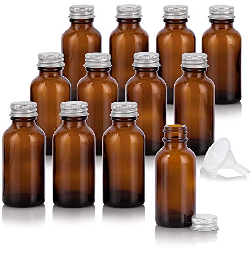 JUVITUS 1 oz / 30 ml Amber Glass Boston Round Bottle with Silver Metal Screw On Cap (12 Pack) + Funnel