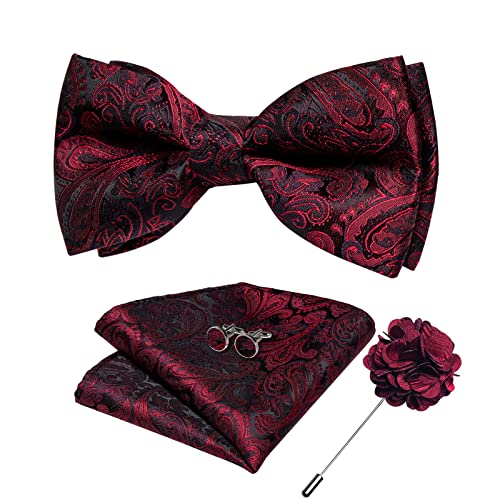 DiBanGu Nœud papillon en soie pour homme avec boutons de manchette carrés de poche, bordeaux, taille unique Cover