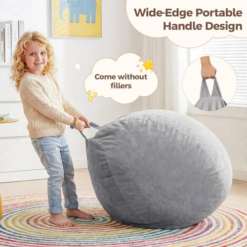 Image of Stuffed Animal Storage Bean Bag Chair Cover for Adults (No Filler), Soft Comfy Velvet Beanbag Chair Cover Machine Washable, Adults Bean Bag Chair with Handle for Living Room Bedroom, Dark Gray