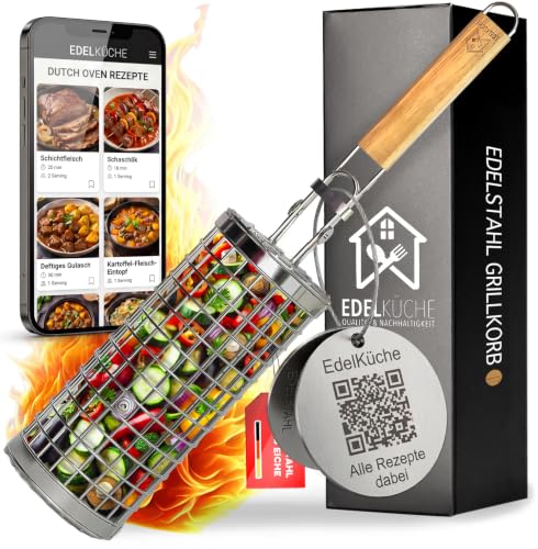 EdelKüche Premium Grillkorb aus Edelstahl für Gemüse und Fleisch | XXL Rund Zylindrisch Groß | Drehspieß | Abnehmbarer Griff | Grillzubehör Außengrill Grillnetzrohr Grillnetz | super Geschenk
