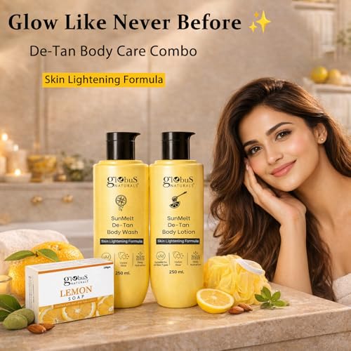 Image of Globus Naturals Detan Body Care Summer Kit | Body Wash + Body Lotion + Lemon Soap + Loofah | Tan Removal, Deep Cleansing & Hydration | Brightening & Fresh Glow Skin | Daily Use Bath Essentials | For Men & Women | All Skin Types