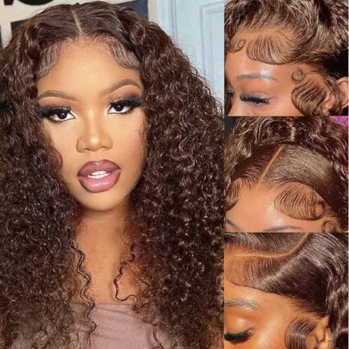 WPPIKK Chocolate Brown Lace Front Wigs Human Hair Pre Plucked 180 Density Brazilian Wet and Wavy Human Hair Wigs for Black Women Colored Curly 13x4 Lace Frontal Wig (Brown Color, 18 Inch)