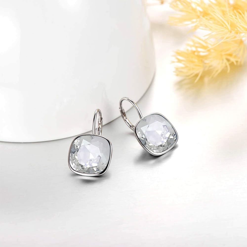 AOBOCO Sterling Silver Leverback Earrings Embellished with Crystals from Austria, Hypoallergenic Cushion Cut Square Crystal Earrings, Fine Anniversary Birthday Jewelry Gifts for Women - Image 4