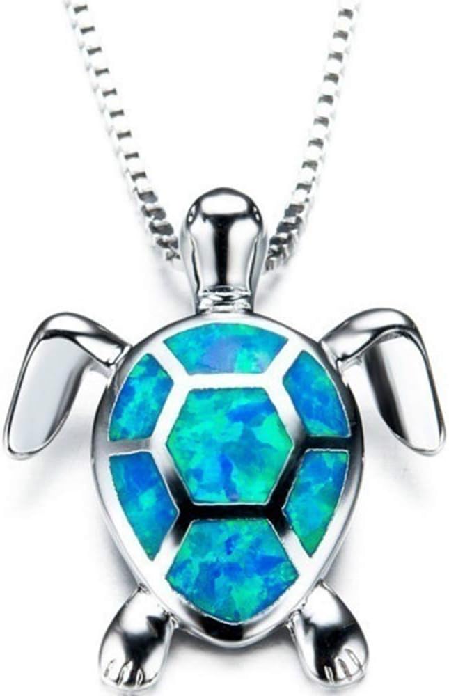 Jude JewelersWhite Gold Plated Simulated Opal Small Turtle Pendant Statement Necklace