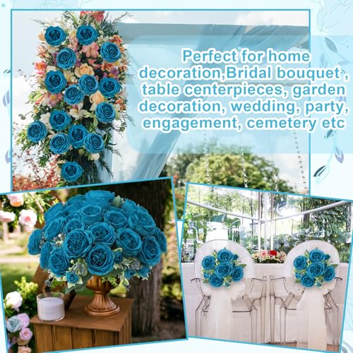 Image of 8 Pack Teal Peonies Artificial Flowers, Faux Floral Fake Silk Hydrangea Bouquet for Bridal Wedding Home Table Decor Reusable Dining Opening Ceremony Birthday Arrangement