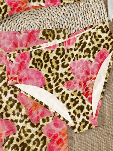 Image of RoseSeek Girls 3 Piece Bikini Set with Beach Skirt Floral Leopard O-Ring Padded Swimsuit for Teen Girls