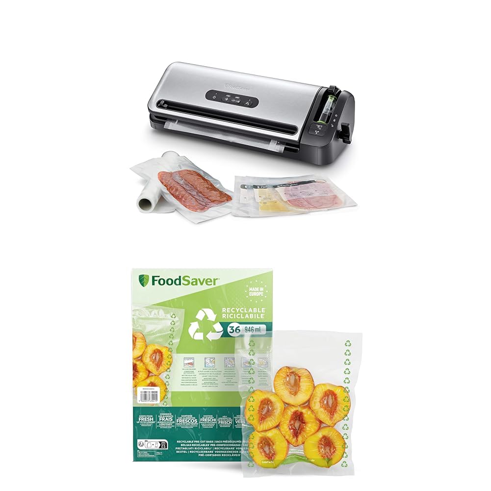 FoodSaver Envasadora al Vacío con un Cutter Incorporado + Foodsaver Bolsas de Envasado al Vacío Reutilizables, 5 Rollos, 36 Bolsas