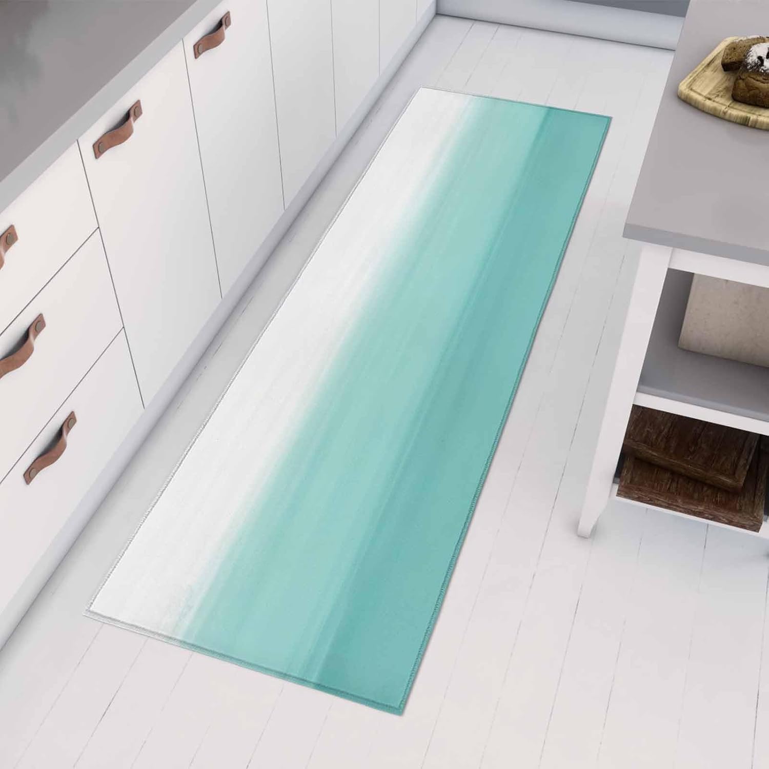 Kitchen Mats for Floor Modern Teal White Gradient Art Washable Non Slip Kitchen Rugs 1PCS, Abstract Ocean Beach Texture Absorbent Standing Mats for Sink Bathroom Office Living Room 23.6x70.9in