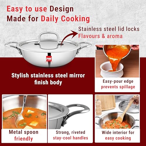 Image of PNB Kitchenmate Triply Stainless Steel kadai - 3.25 Liter| Induction Compatible triply kadai with lid | Stainless Steel cookware | Try ply cookware for Indian Cooking |Dishwasher Safe|5 Year Warranty