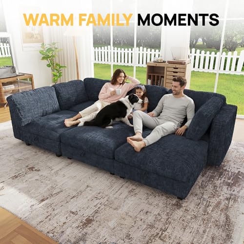 Image of 99 inch Modular Sectional Chenille Sofa bed with Hidden Storage, Comfy Modern 6 Seater Oversized Deep Seat Couch, Modular Sectional with Ottoman and Removable Cover for Living Room, Apartment, Black