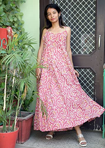 Image of JAIPUR HAND BLOCK Cotton Sleeveless Long Flared A Line Dress|Gown (S00063)