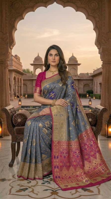 Image of C J Enterprise Women's Pure Soft Silk Saree With Blouse Piece For Wedding (Diamond-Patola)